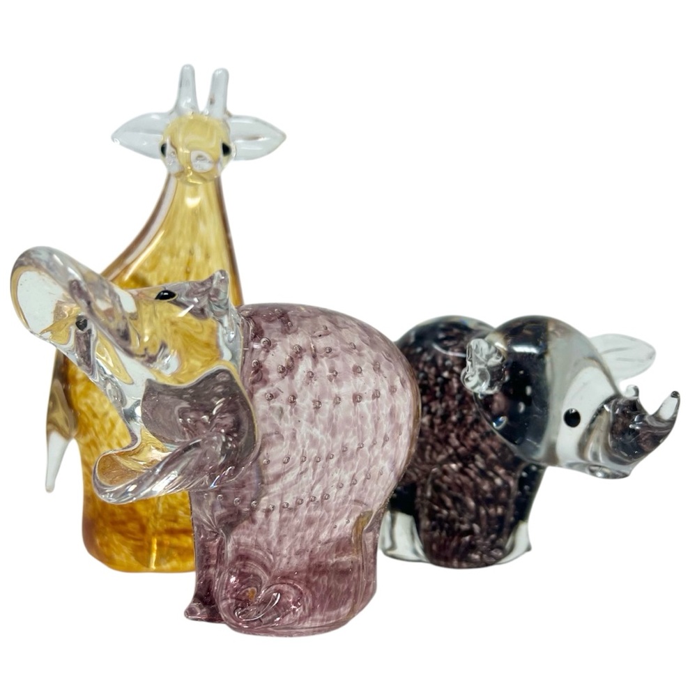 Lenox Savannah Sunset Art Glass Figurines Set of Three Giraffe Rhino Hippo